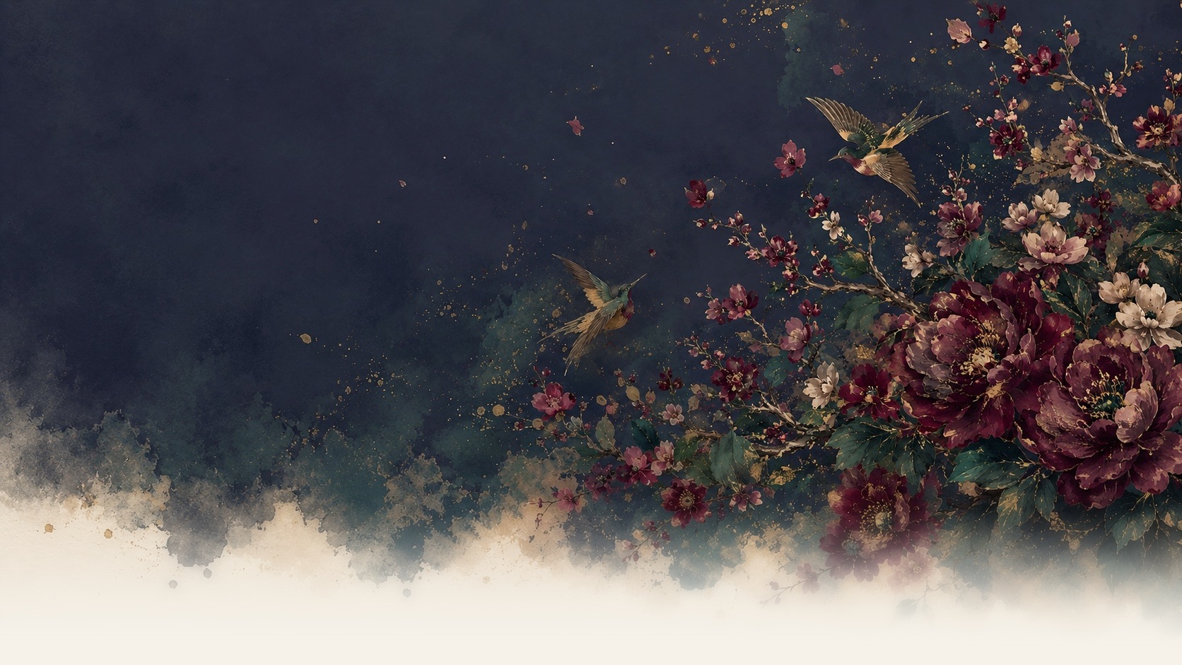 A boundless-garden floral and bird pattern in deep, warm tones