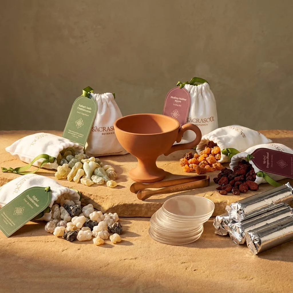 Warm candlelit product scene of incense and candles styled for a natural brand world