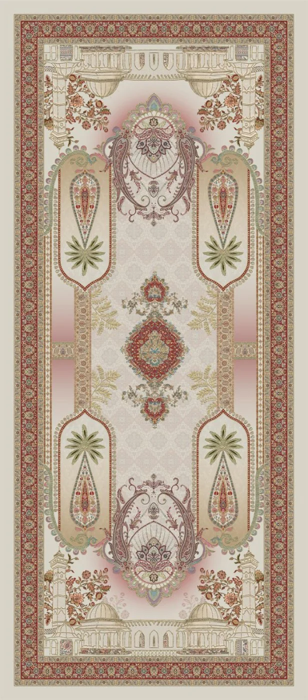 A textile panel fusing Mughal architectural motifs with flowing batik-style florals.